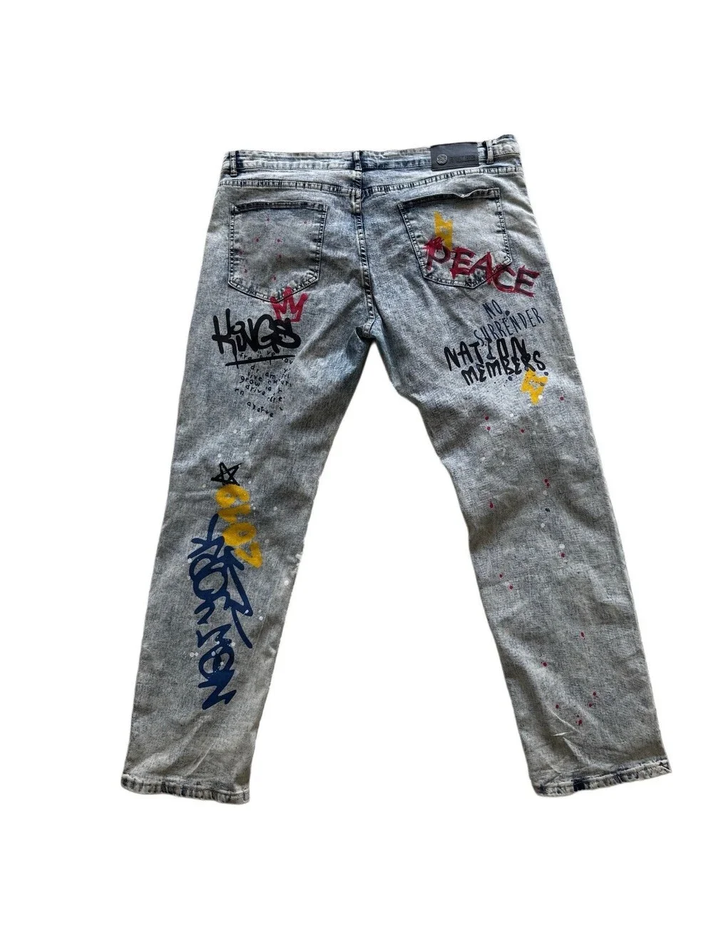 Y2K Argonaut Nation Graffiti Jeans Men’s 42x32 Streetwear Distressed Splatter